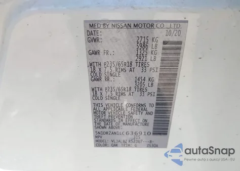 2020 Nissan Pathfinder S 2Wd z USA, uszkodzony, nr VIN 5N1DR2AN1LC636910